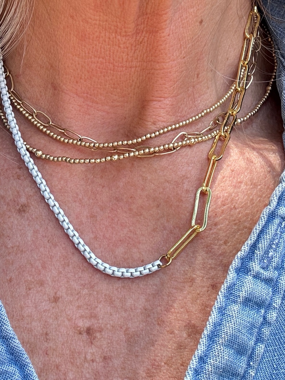 Gold Layered Bead and Chain Necklace Set with White Braided Accent - Picture 1 of 7